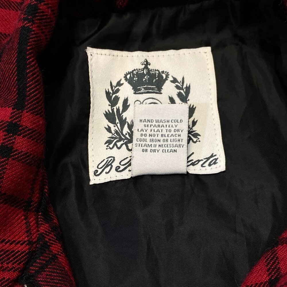 BB Dakota Plaid Wool Blend Long Trench Coat Red Black M Belted Full Zip Hi Neck - Picture 11 of 11